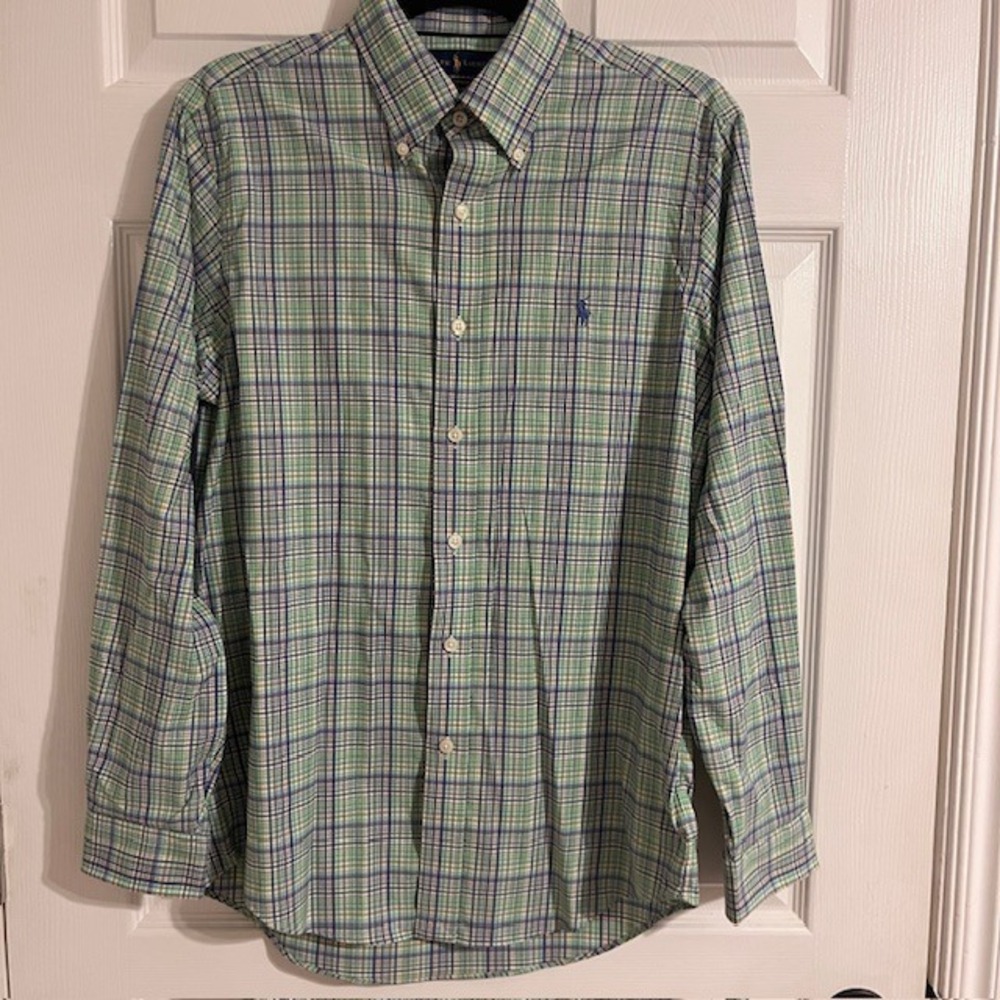 Ralph Lauren Performance Button Down Shirt Plaid Green Blue Mens‎ Small